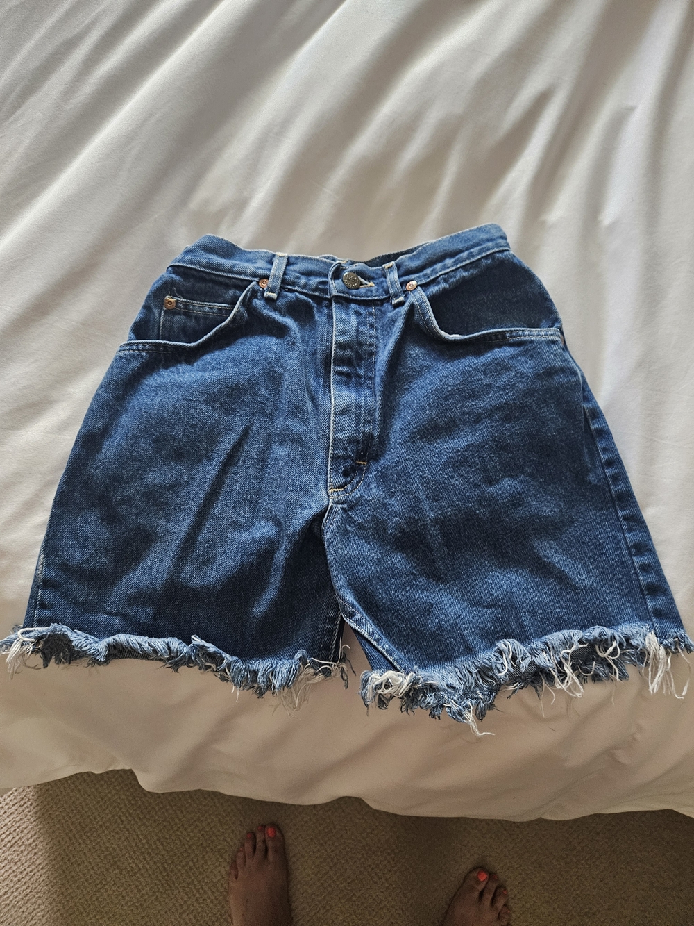 Lee Dark Blue Frayed Hem High-Rise Jean Shorts
